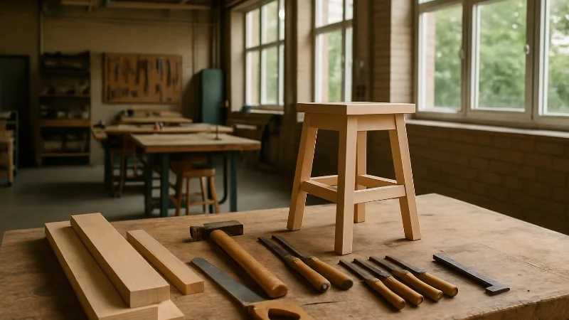 Een lichte praktijkruimte met handgereedschap en hout op een werkbank, naast een nog onafgewerkte houten kruk.