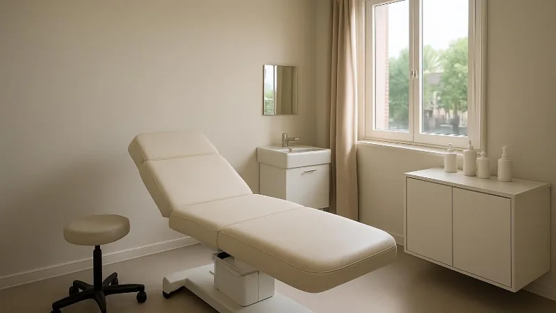 Een rustige behandelkamer in een Nederlandse huidkliniek, met een onderzoeksbank, een stoel, een wastafel en ongeëtiketteerde verzorgingsproducten.