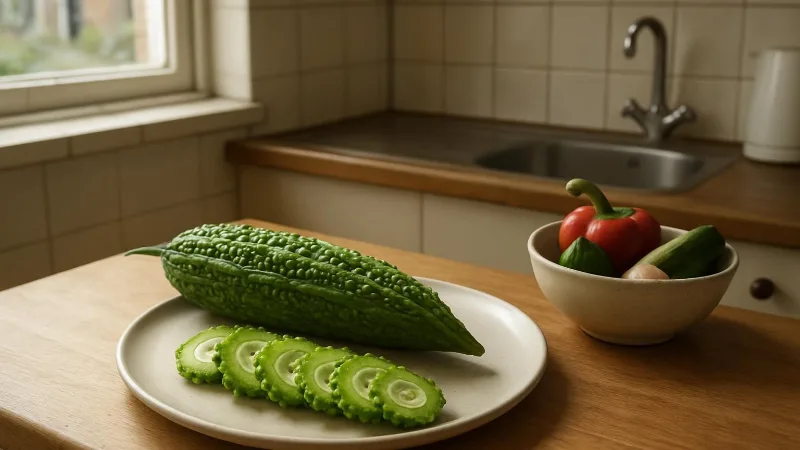 Een hele bittermeloen en enkele verse plakken liggen op een eenvoudig bord op het aanrecht in een lichte Nederlandse keuken.
