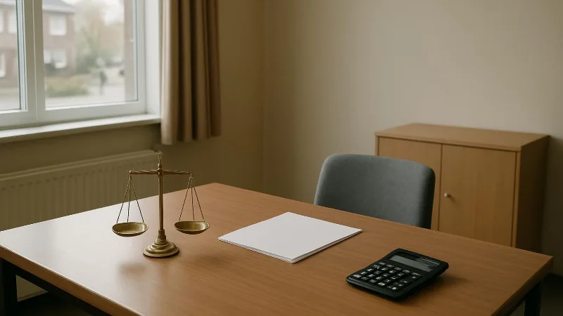 Een lege overlegtafel in een eenvoudig Nederlands kantoor met een balansweegschaal, blanco papier en een ongemarkeerde rekenmachine.