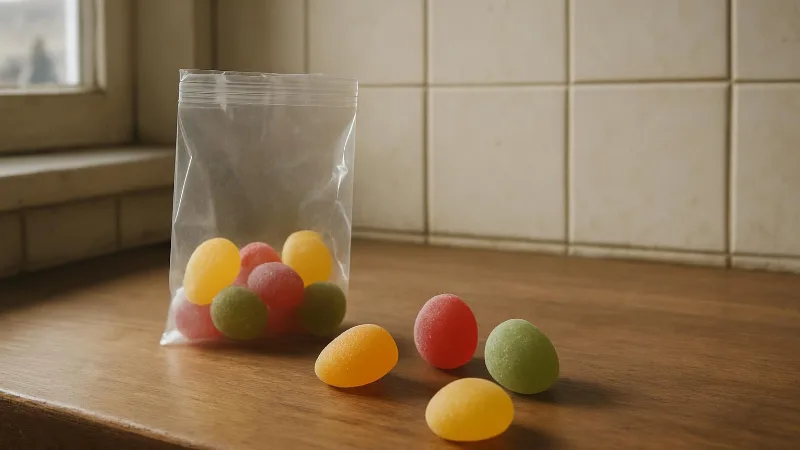 Kleurrijke snoepjes in de vorm van eitjes liggen naast een doorzichtig, ongemerkt zakje op een houten aanrecht.