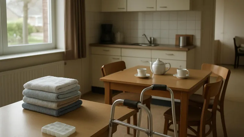 Een rustige Nederlandse keuken met gevouwen was, een pillendoosje en een looprek naast een tafel met thee, als alledaags beeld van zorg thuis.
