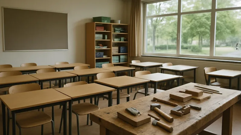 Een rustig Nederlands klaslokaal met nette schoolbanken, gereedschap op een werkbank en opgeruimde planken met lesmaterialen.