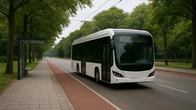 Een moderne elektrische bus rijdt door een groene Nederlandse straat, naast een fietspad en een eenvoudige halte.