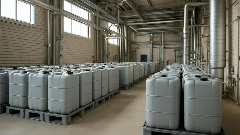 In een Nederlandse bedrijfsruimte staan gesloten chemische vaten netjes op opvangpallets, naast leidingen en ventilatieapparatuur.