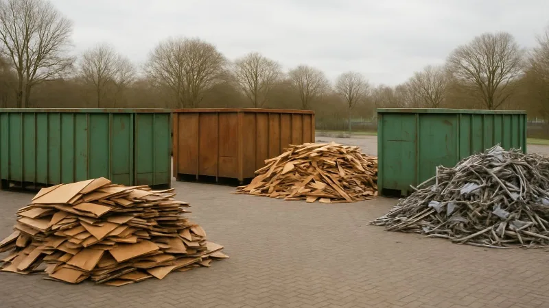 Een rustige Nederlandse milieustraat met onopvallende containers en gescheiden stapels karton, hout en metaal op een schoon verhard terrein.