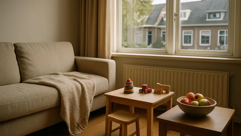 Een rustige woonkamer in een Nederlands huis, met een opgevouwen deken op de bank, speelgoed naast een tafeltje en een schaal fruit.